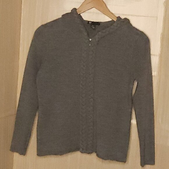 Carole Little Grey Wool Heavy Knit Hooded Full Zip Sweater Medium - Picture 1 of 7